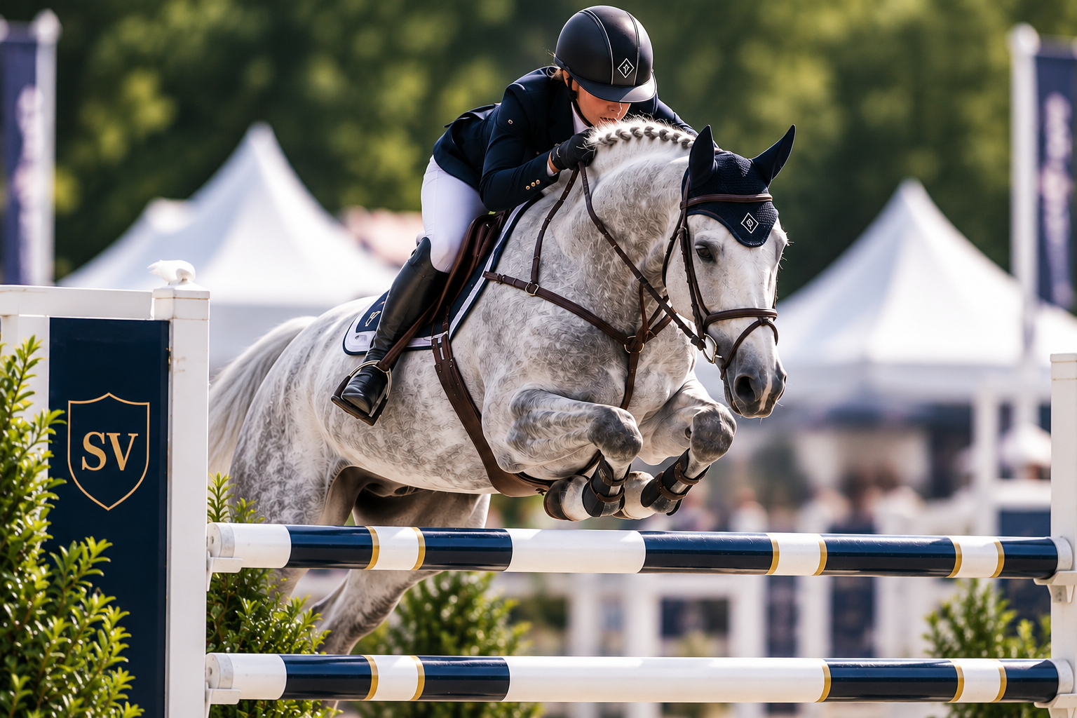 Grey showjumper competing at a show